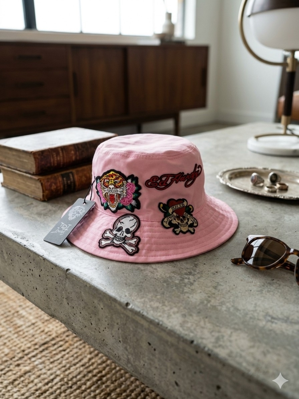 Ed Hardy Pink Bucket Hat with Embroidered Tattoo Patches
